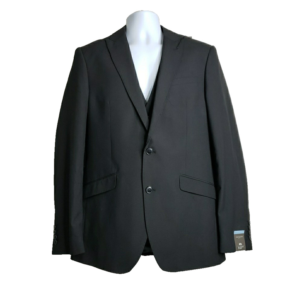 Men's Black Primark 3pc Suit Jacket Size 40 40L Pants 34 X 30 Vest White Shirt
